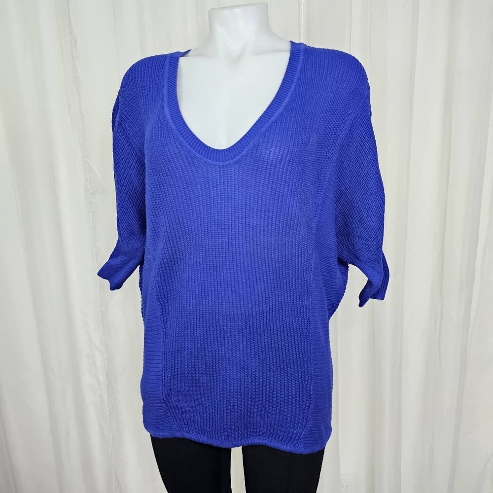 Express Blue Knit London Sweater Dolman Batwing 3/4 Sleeve Deep-V Neck